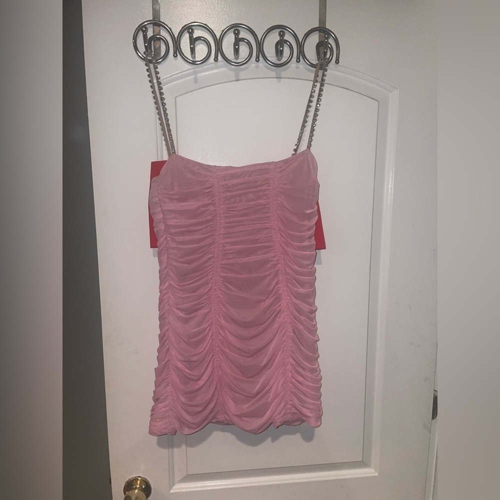 New! Self Portrait Bow Embellished Ruched Pink & Red Mini Dress 🎀 size 10 - Picture 16 of 16